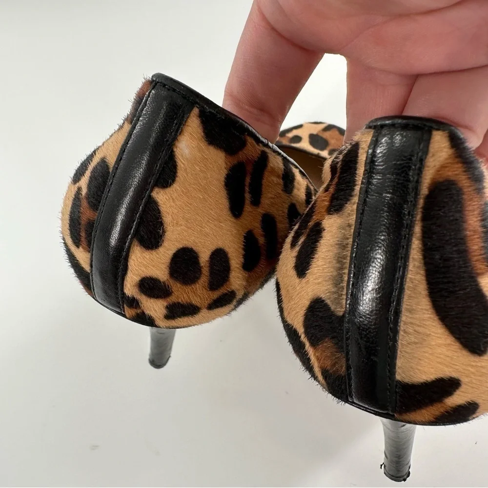 Via Spiga heels size 8 black Italian leather cheetah print calf hair platforms